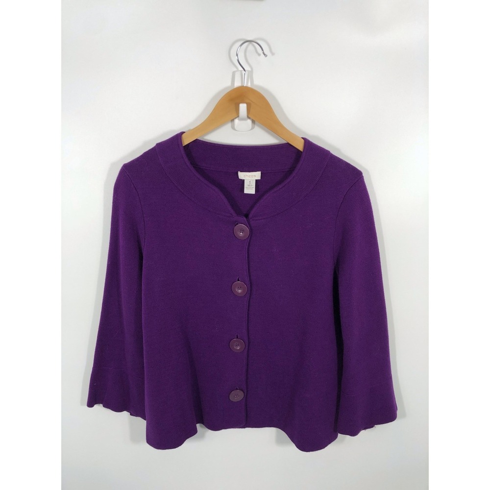Chicos 100% Cotton Cardigan Womens 1 Purple Lagenlook Button Detail Layer Office